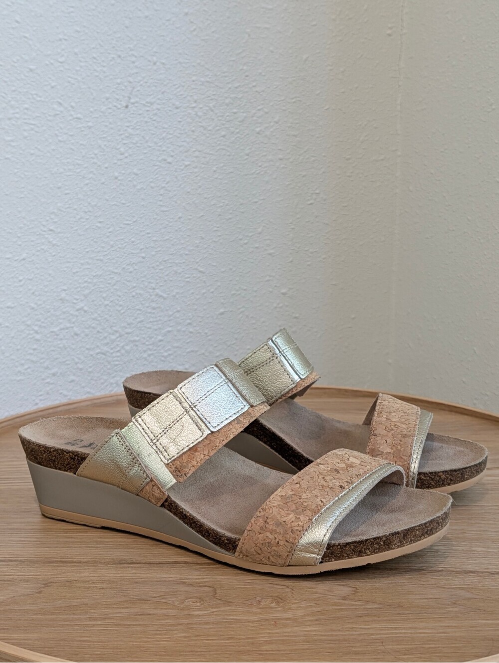 Naot metallic gold and tan wedge slide sandals size 38